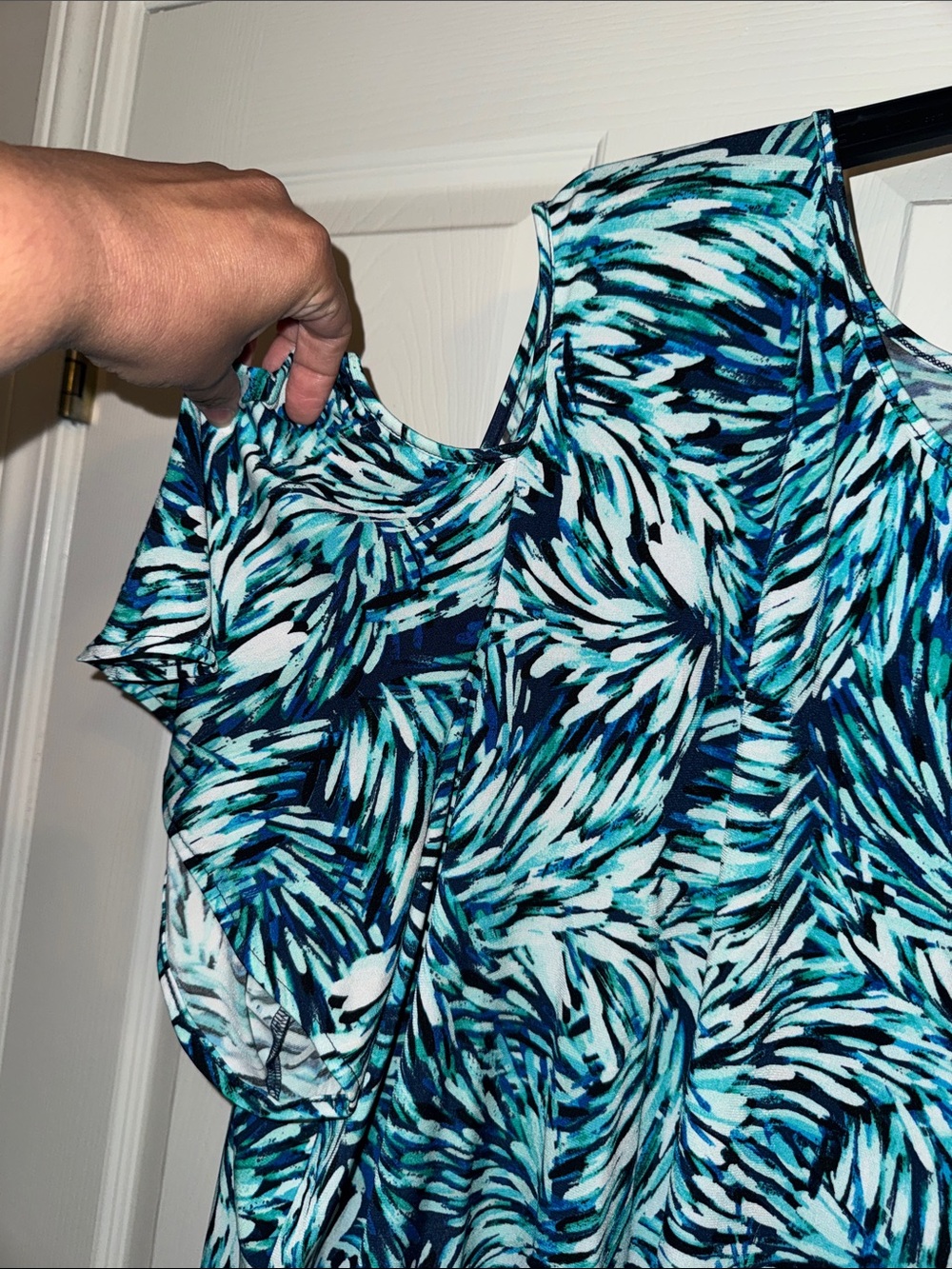 Catherines Teal and Blue Leaf-Print Cold-Shoulder Blouse - Picture 4 of 5